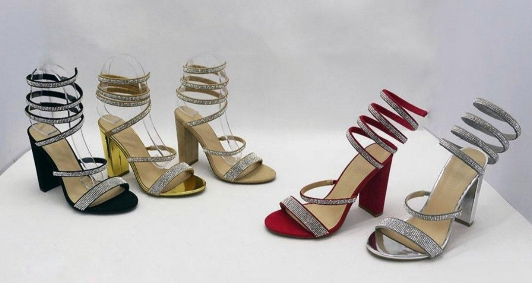 Rhinestone Spiral Ankle Block Heels