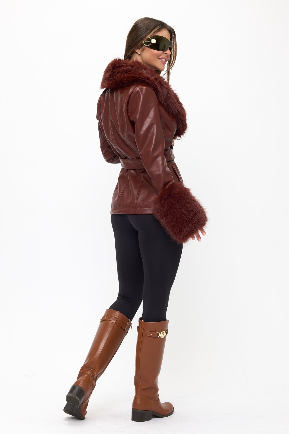 Velour Luxe Bordeaux Belted Leather Jacket – Plush Fur Trim