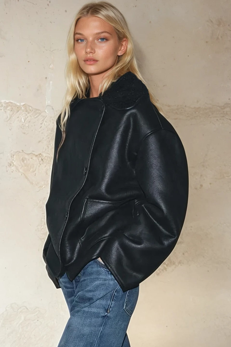 Oversized Textured Coat With Teddy Lining