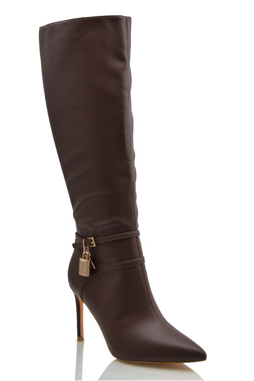 Pointed-Toe Knee-High Boots with Gold-Tone Charm
