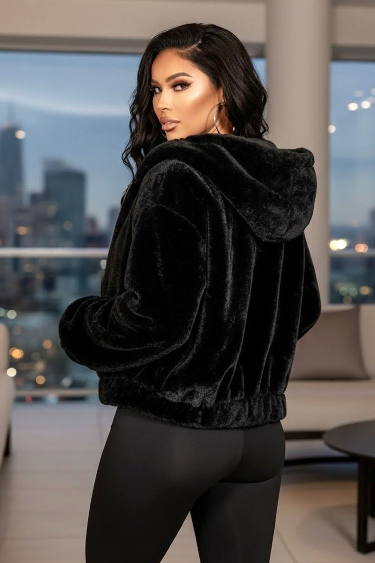 Faux Fur Relaxed Fit Zip Up Front Hoodie Jacket