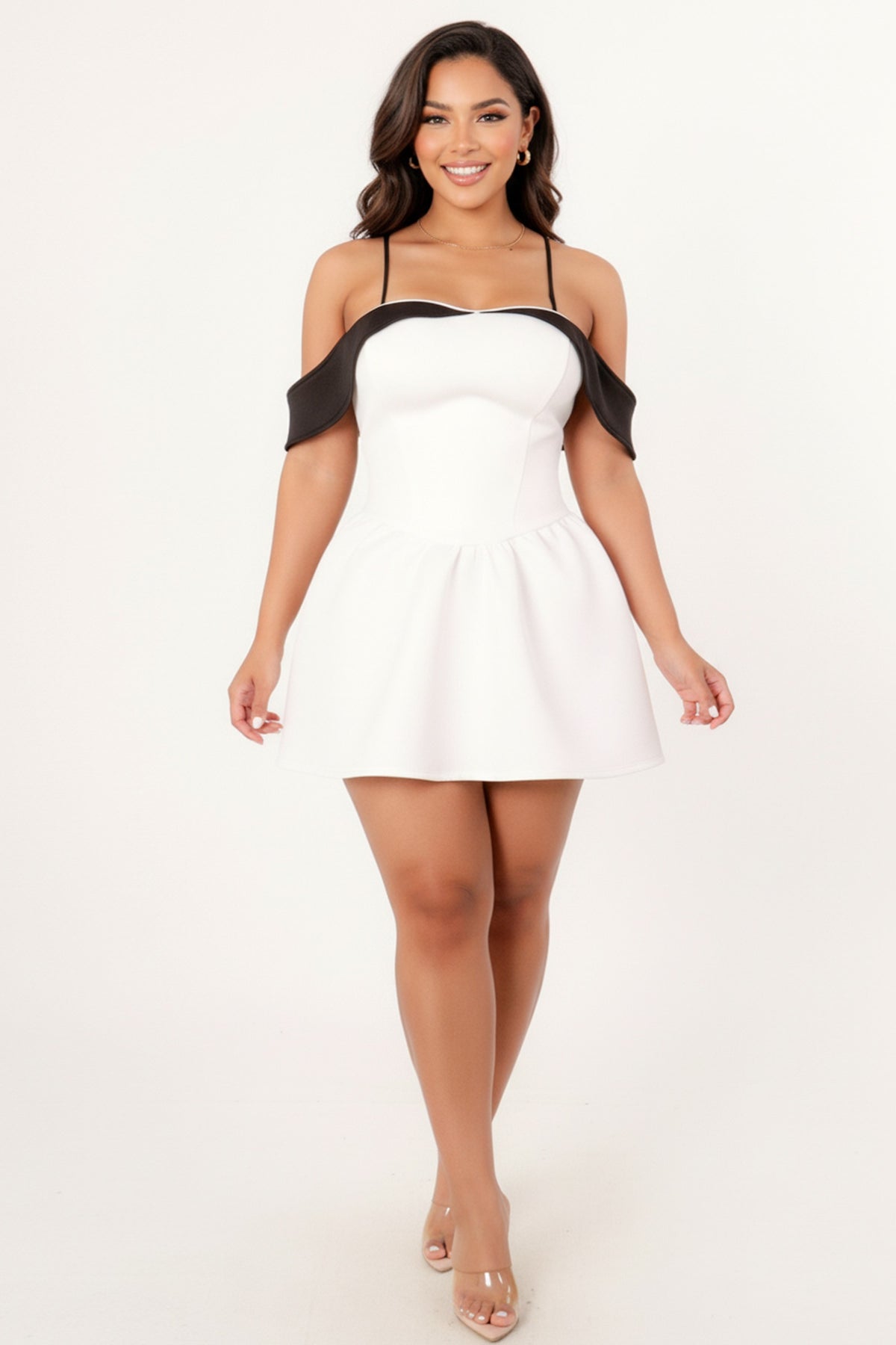 Spaghetti Strap Cold Shoulder Flare Scuba Dress