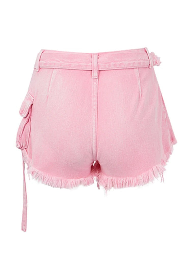 Button Closure Pockets Raw Edge Denim Mini Skort