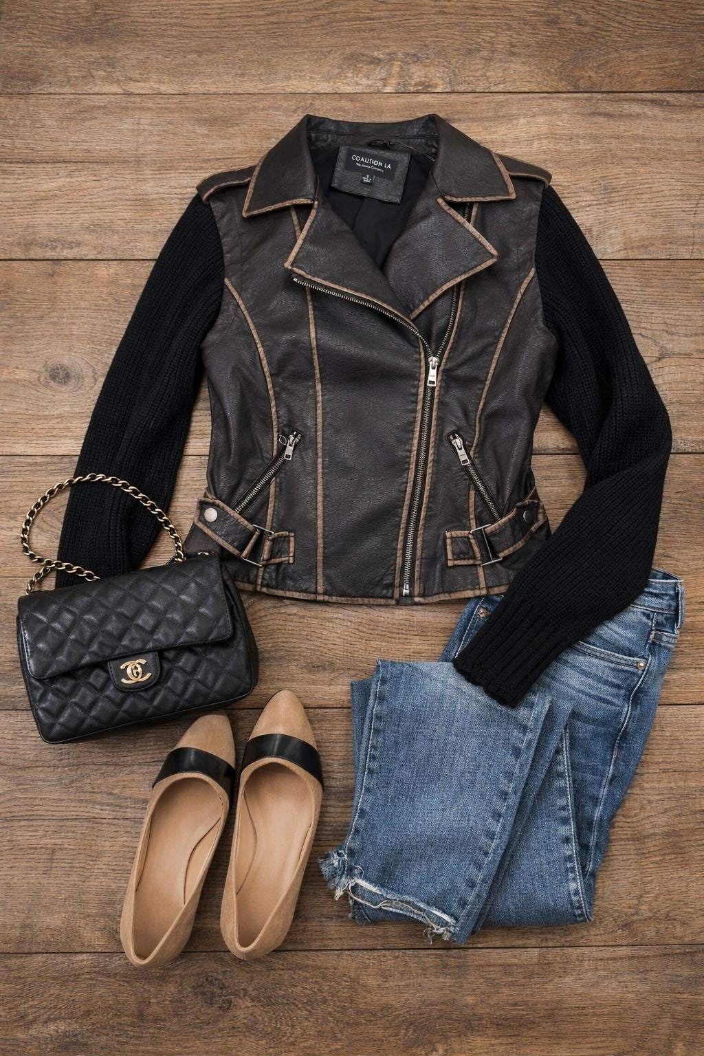 Phoenix Fusion Biker Jacket – Faux Leather & Knit Sleeves