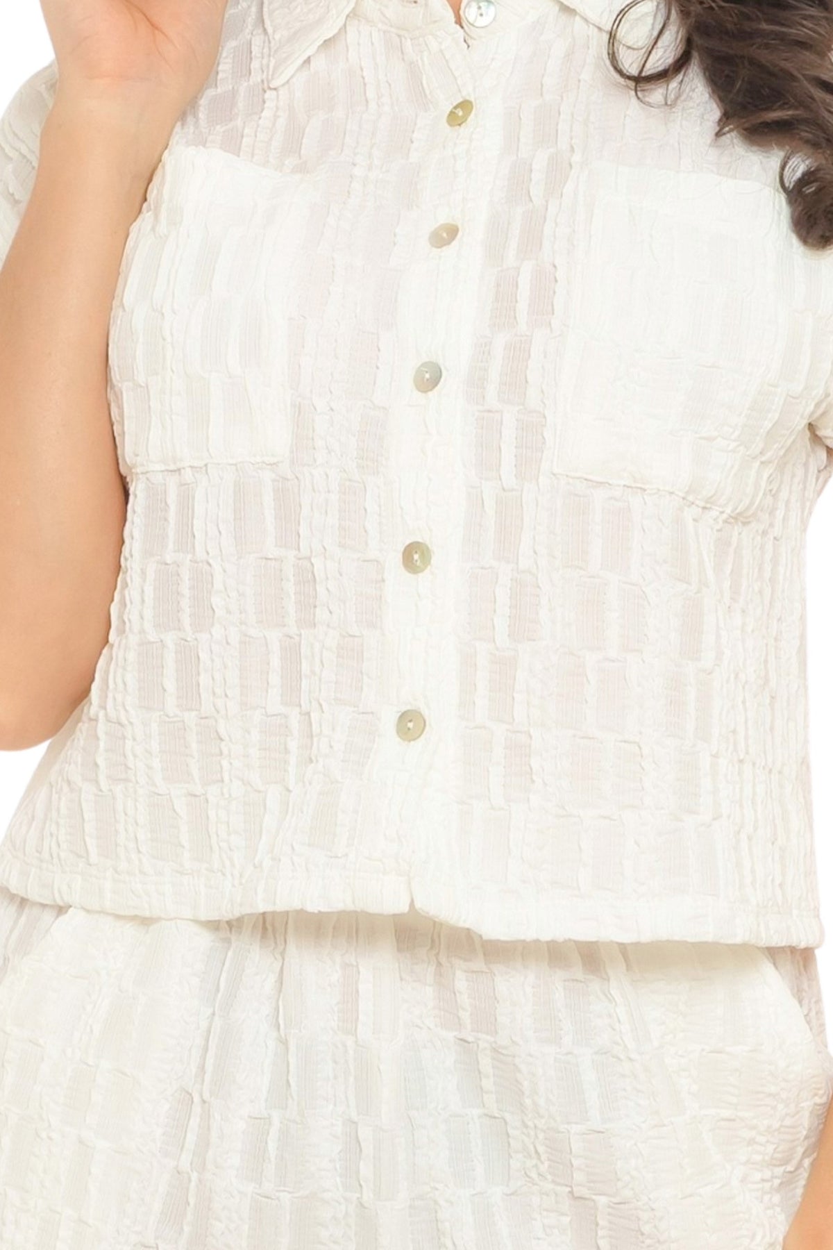 Texture Button Down Crop Shirt And Short Pant 2pc Set