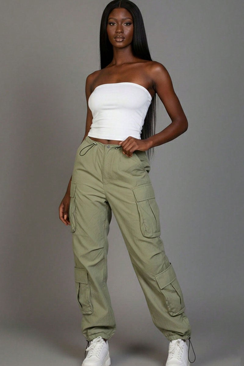 Flap Pockets Drawstring Ruched Parachute Pants