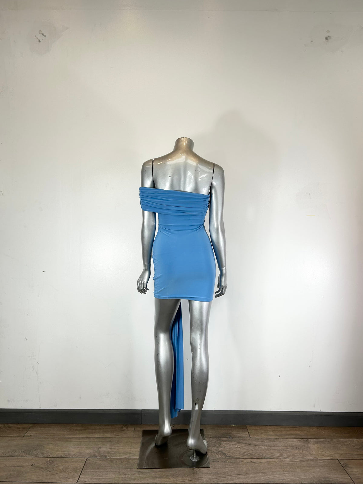 Azure Off-Shoulder Ruched Mini Dress with Brooch Detail