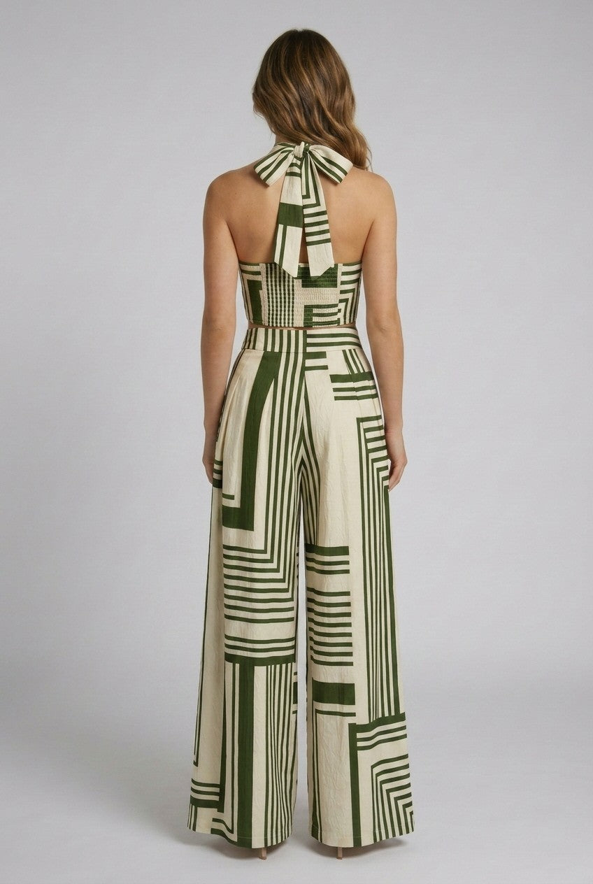 Geometric Stripe Halter Top And Wide Leg Pants Set