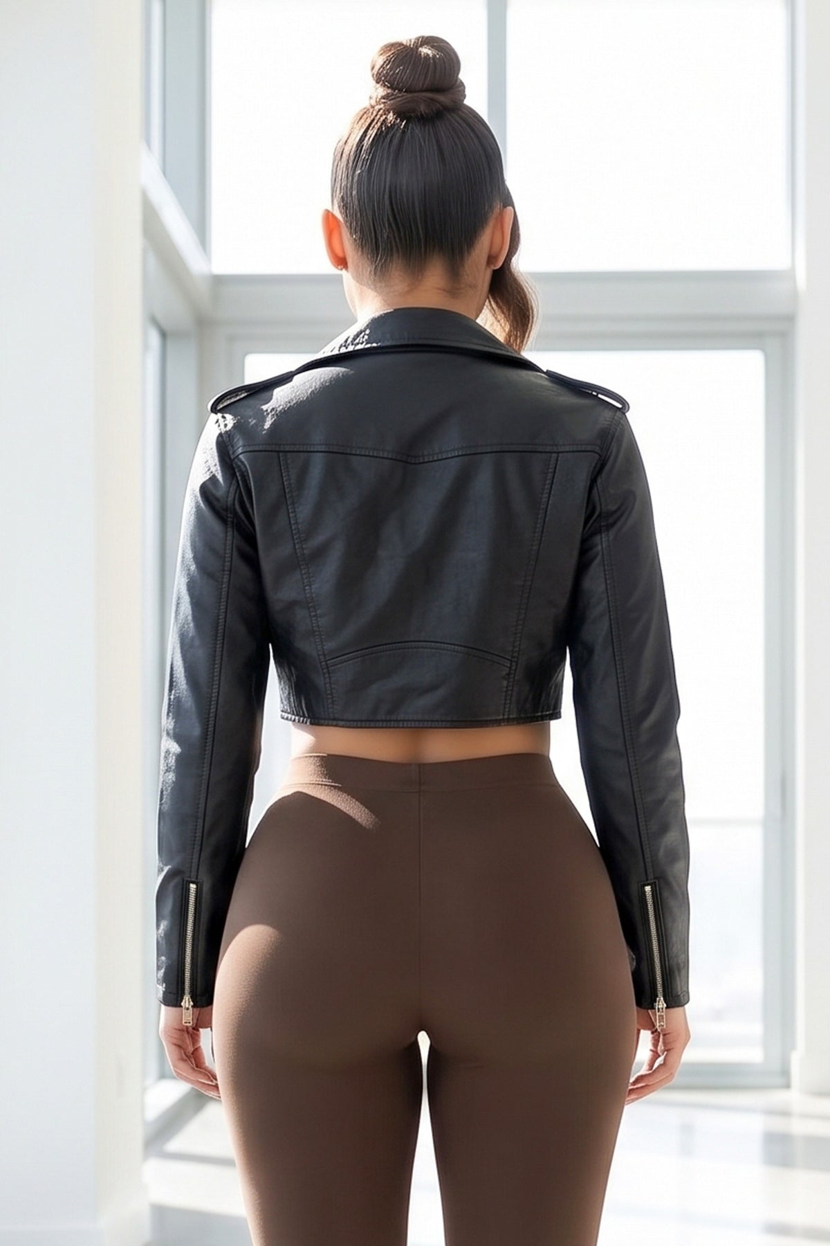Faux Leather Lapel Collar Zip Up Front Cropped Moto Jacket