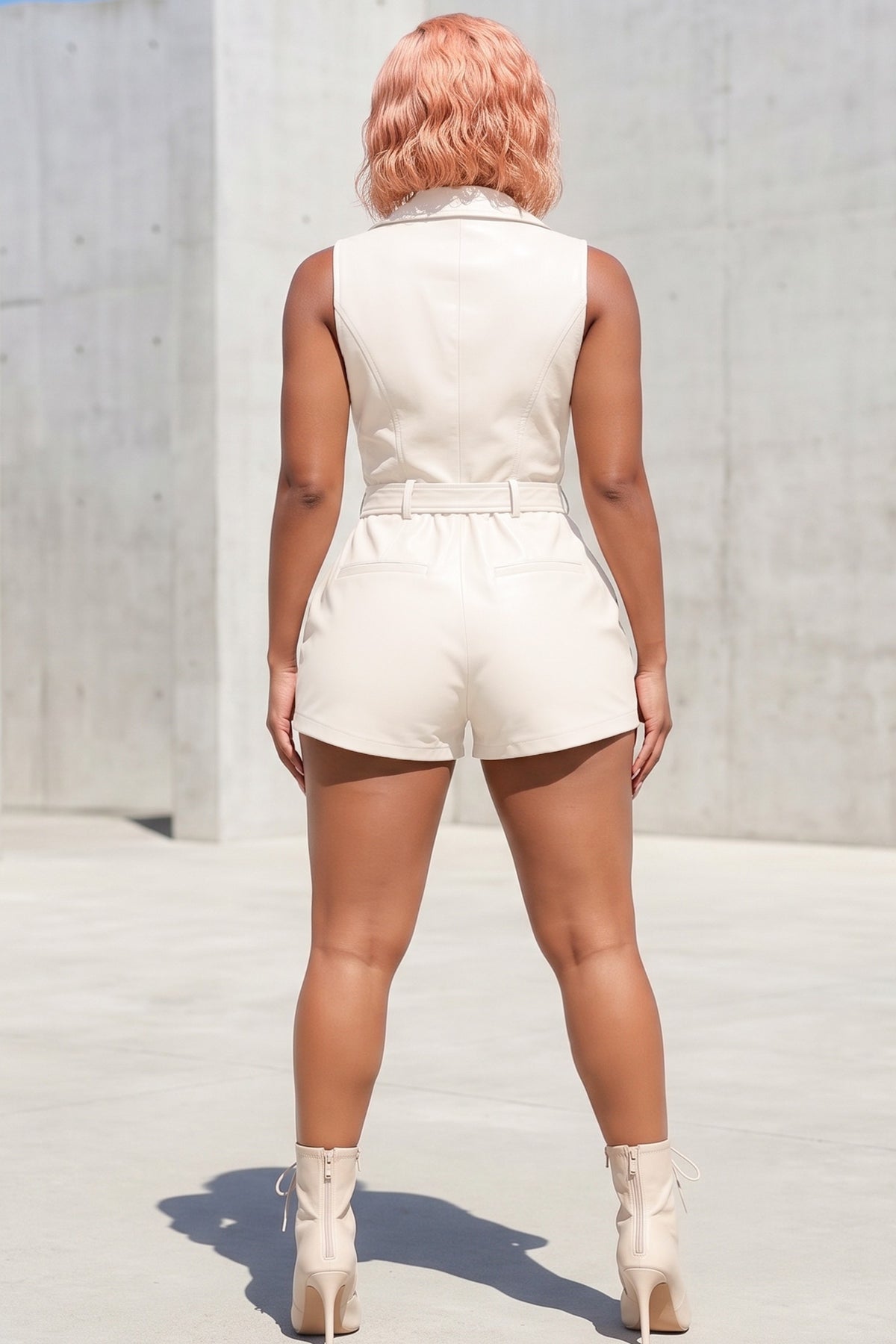 Faux Leather Zip Up V-neck Collar Romper With Belt
