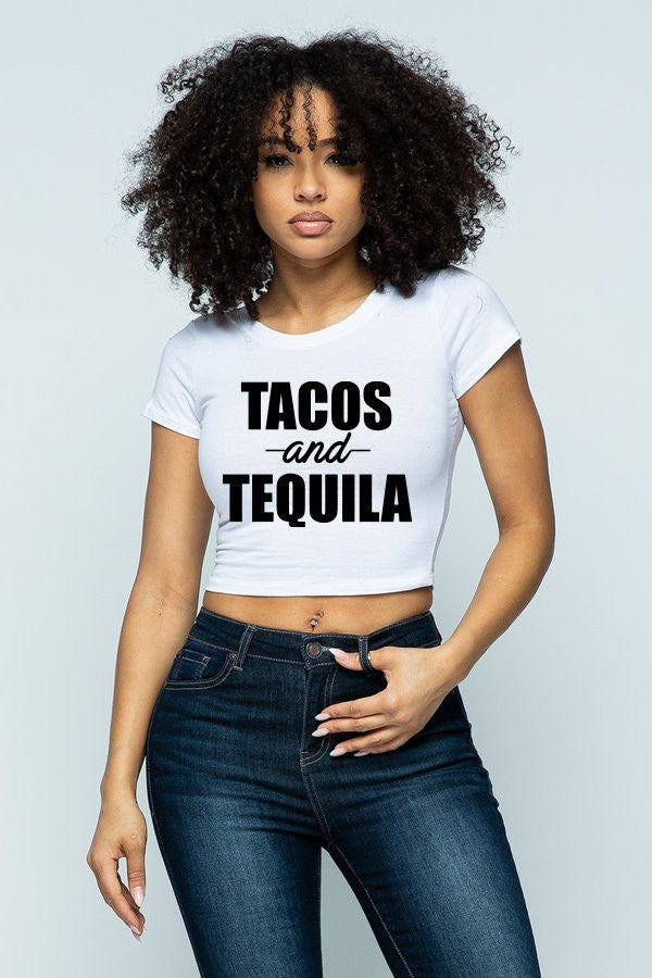 Tacos And Tequila Graphic Print Crop Top
