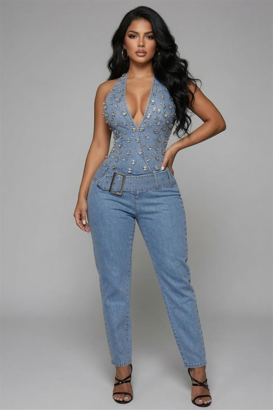 Rhinestone Embellished Halter Neck Jumpsuit – Glamour One-Piece
