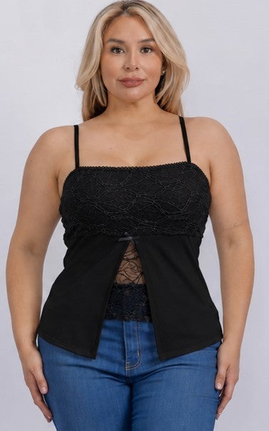 Plus Size Square Neck Split Front Lace Detail Tank Top