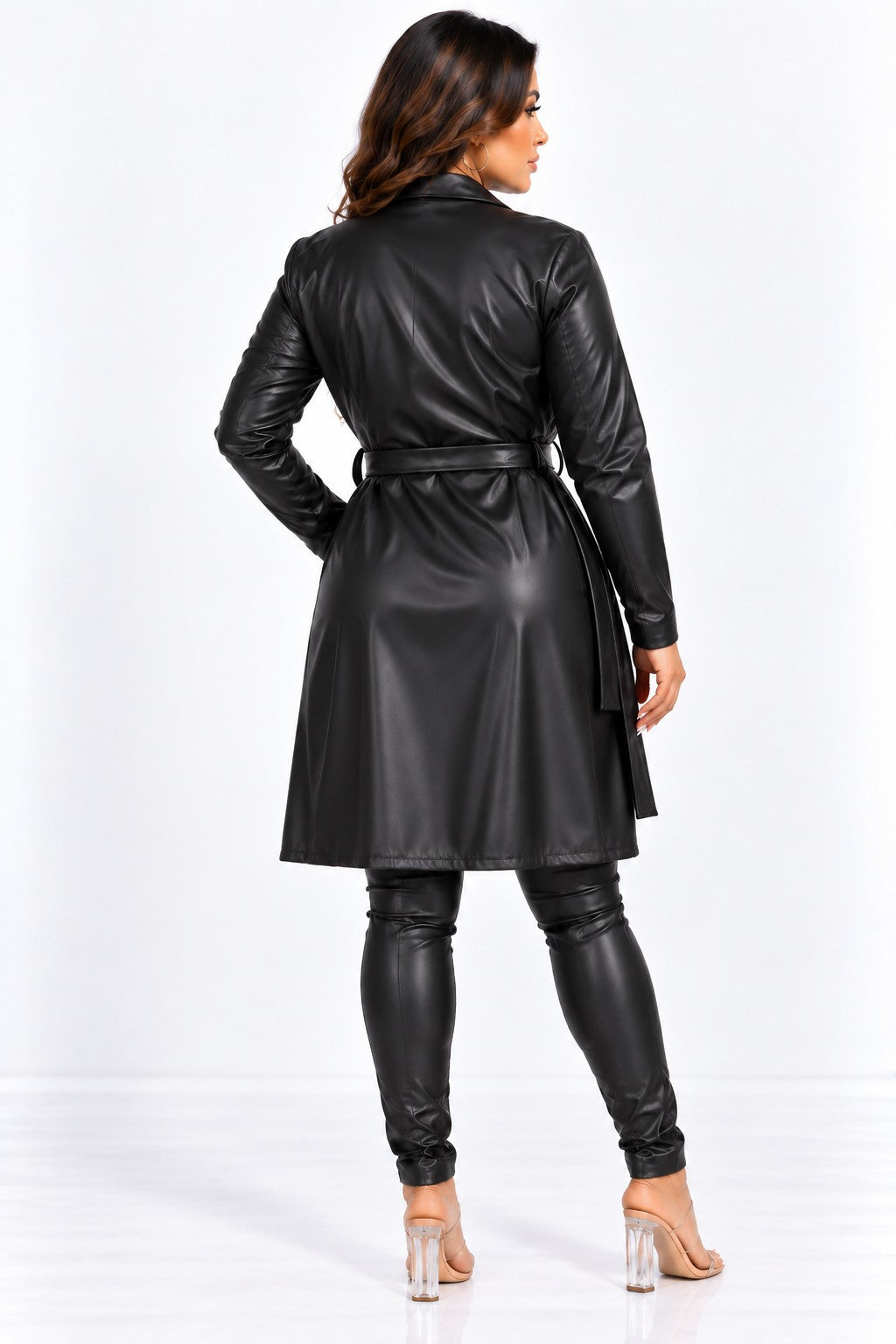 Faux Leather Long Jackets, Blazers With Belt Two Pockets