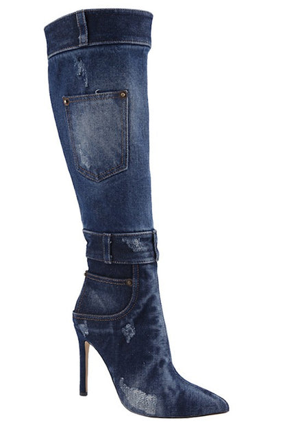 Denim-Look Knee-High Stiletto Boots