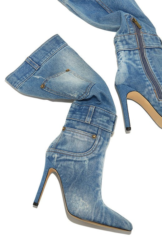 Denim-Look Knee-High Stiletto Boots