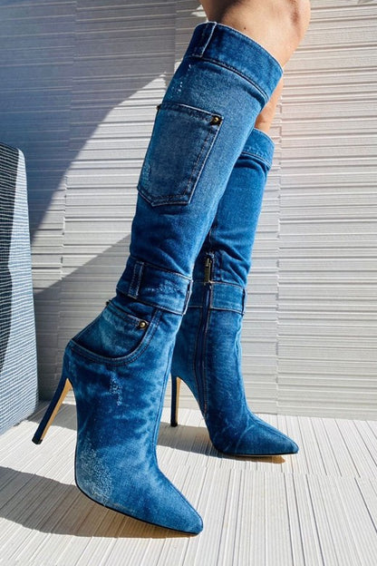Denim-Look Knee-High Stiletto Boots