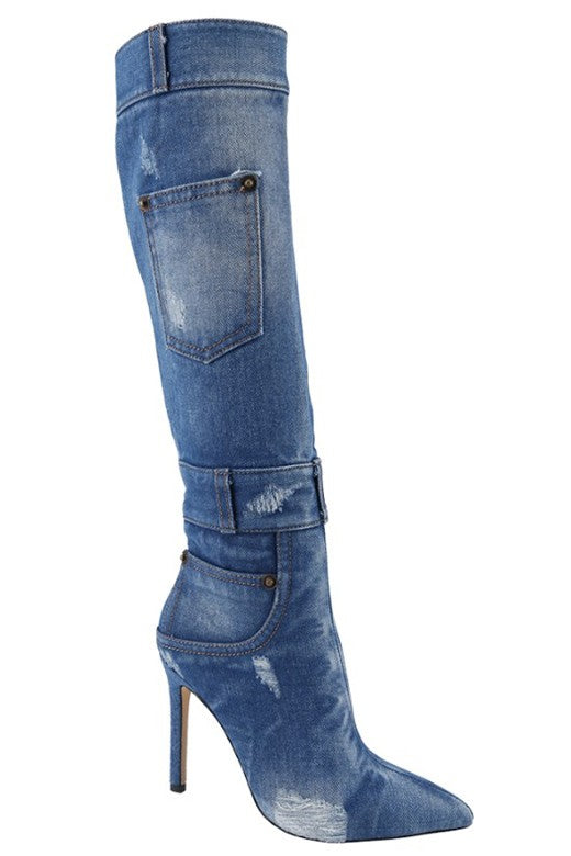Denim-Look Knee-High Stiletto Boots
