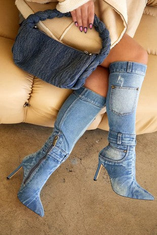 Denim-Look Knee-High Stiletto Boots
