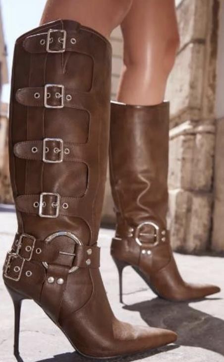Womens Buckled Stiletto Knee High Booties Rockstar