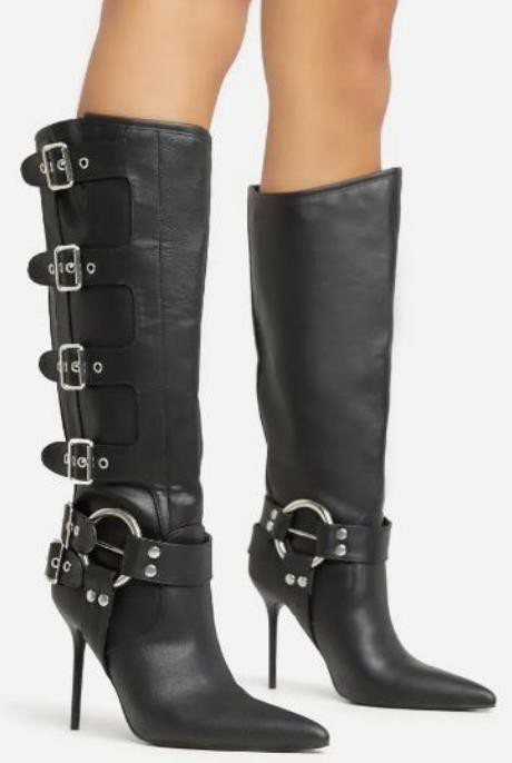 Womens Buckled Stiletto Knee High Booties Rockstar