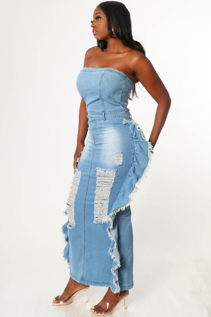 Strapless Tube Distressed Denim Washed Dress