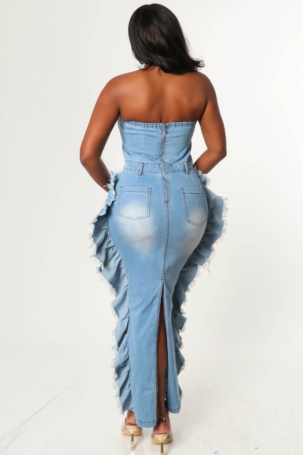 Strapless Tube Distressed Denim Washed Dress