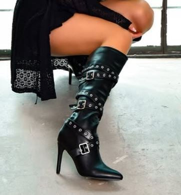 Women's Buckled Strap Knee High Booties