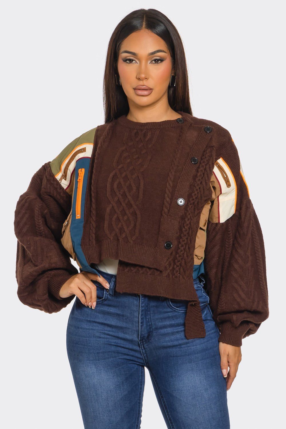 Asymmetric Patchwork Knit Button Sweater – Artisan Colorblock