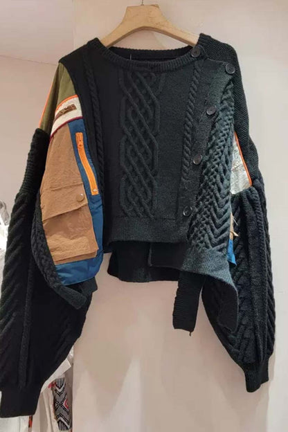 Asymmetric Patchwork Knit Button Sweater – Artisan Colorblock
