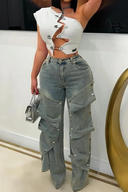 Paper Clip Decor One Shoulder Top