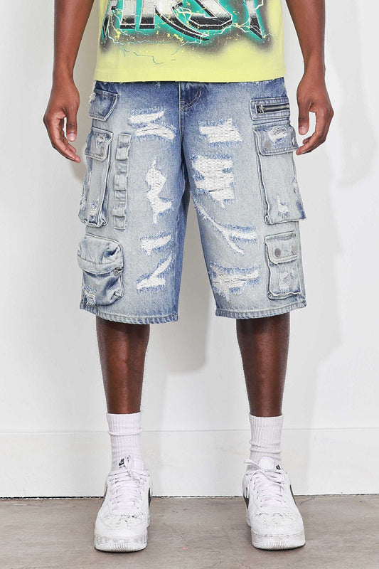 Washed Multi Cargo Denim Jorts