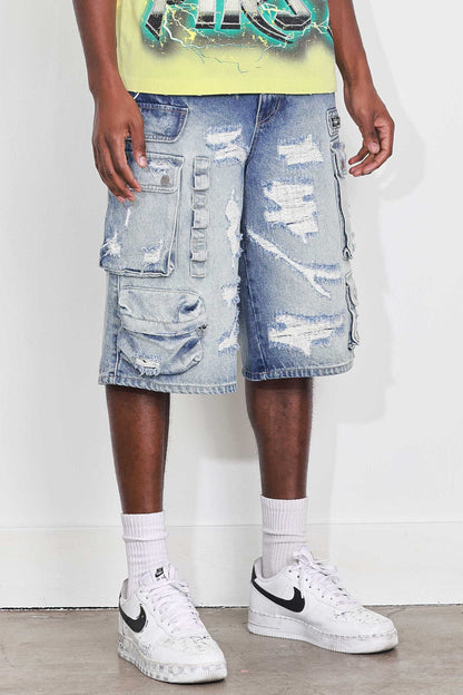 Washed Multi Cargo Denim Jorts