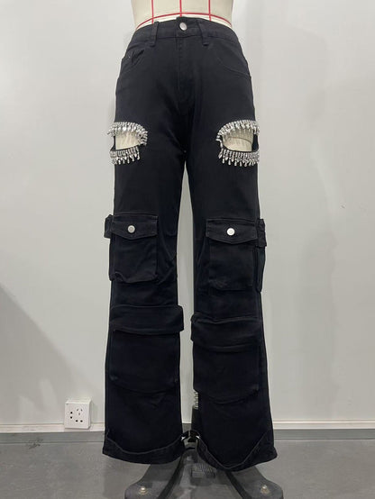 Fashion Rhinestone Cargo Jeans