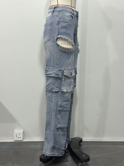 Fashion Rhinestone Cargo Jeans