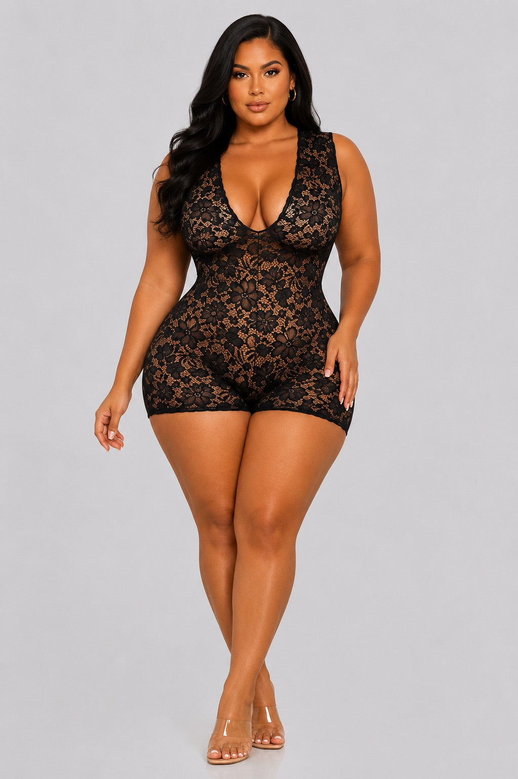Plus Size Sexy See-through Short Lace Rompers