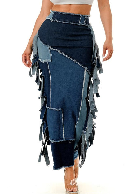 Plus Size Denim Fringe Patchwork Midi Skirt