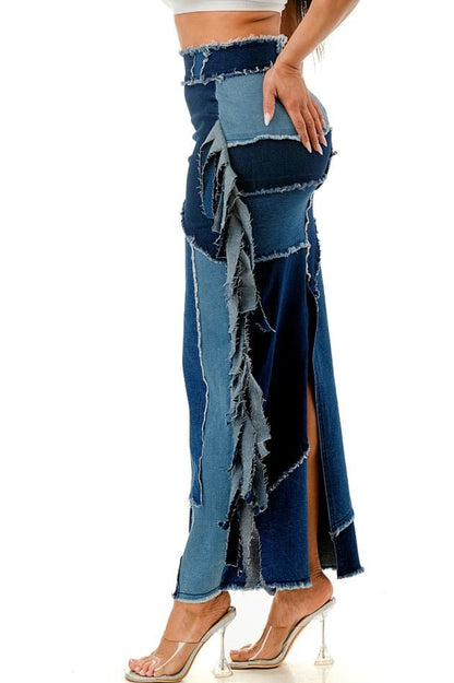 Plus Size Denim Fringe Patchwork Midi Skirt