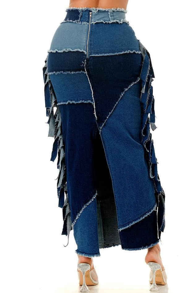 Plus Size Denim Fringe Patchwork Midi Skirt