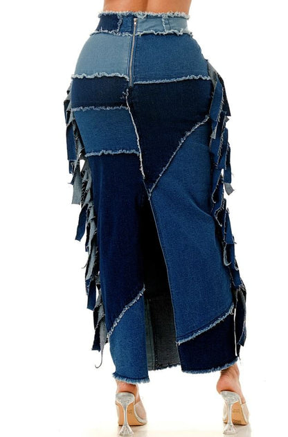 Plus Size Denim Fringe Patchwork Midi Skirt
