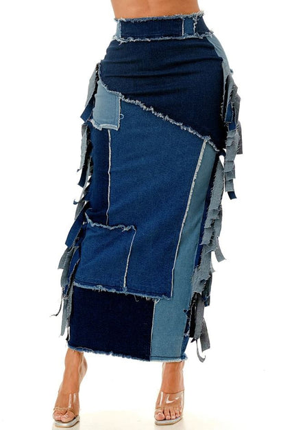 Plus Size Denim Fringe Patchwork Midi Skirt