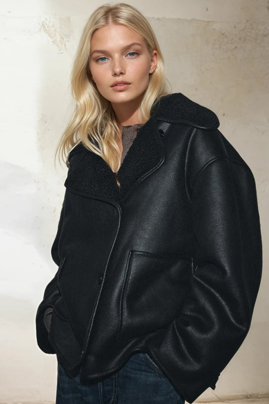 Oversized Textured Coat With Teddy Lining