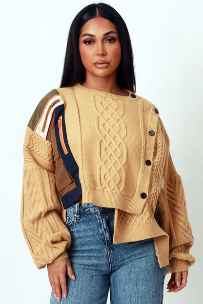 Asymmetric Patchwork Knit Button Sweater – Artisan Colorblock