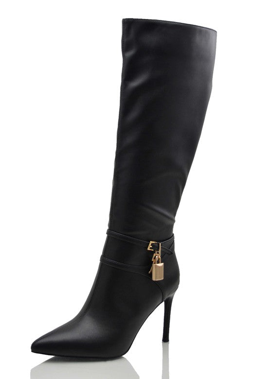 Pointed-Toe Knee-High Boots with Gold-Tone Charm