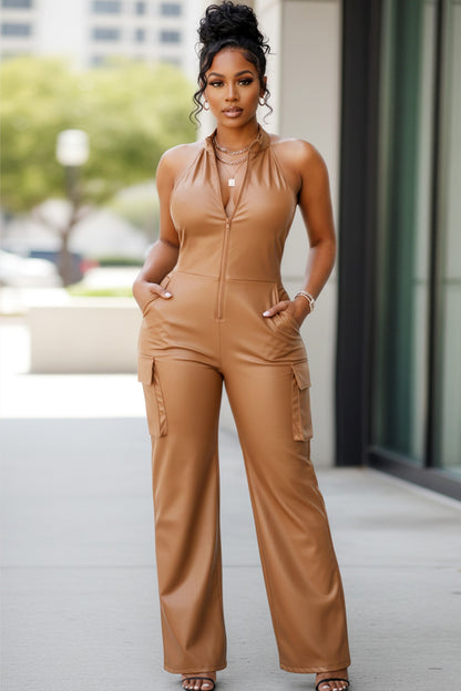 Faux Leather Halter Neck Cargo Jumpsuit.