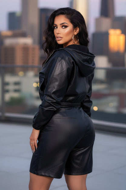 Faux Leather Hoodie Jacket And Biker Short 2pc Set