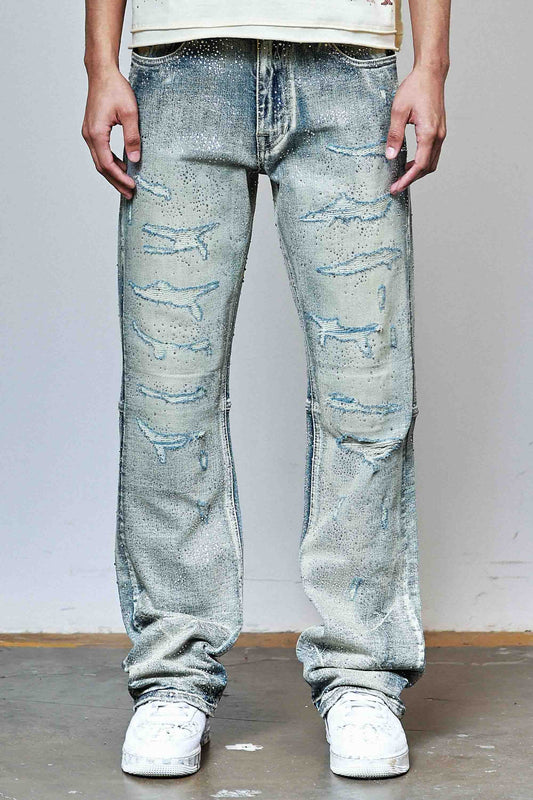 Allover Rhinestone Denim Flare Jeans