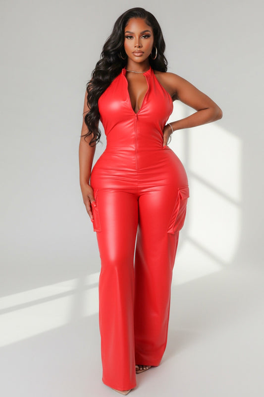 Faux Leather Halter Neck Cargo Jumpsuit.