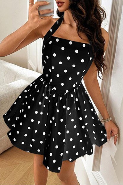 Flared Polka Dot Halter Neck Mini Dress
