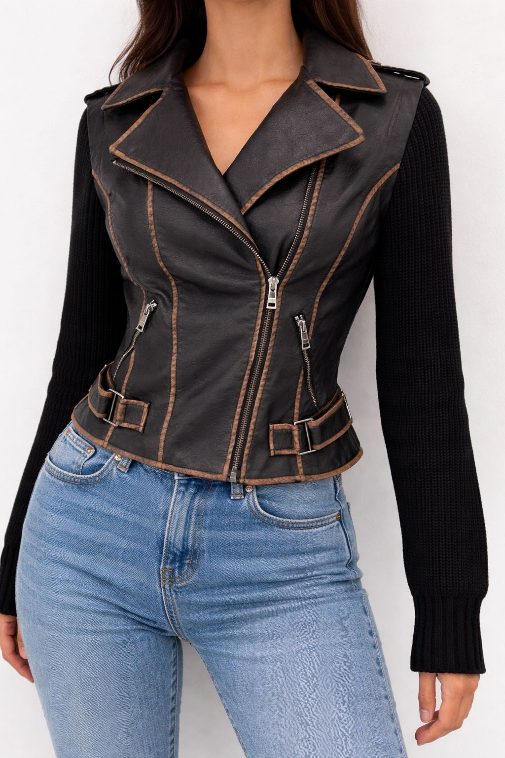 Phoenix Fusion Biker Jacket – Faux Leather & Knit Sleeves
